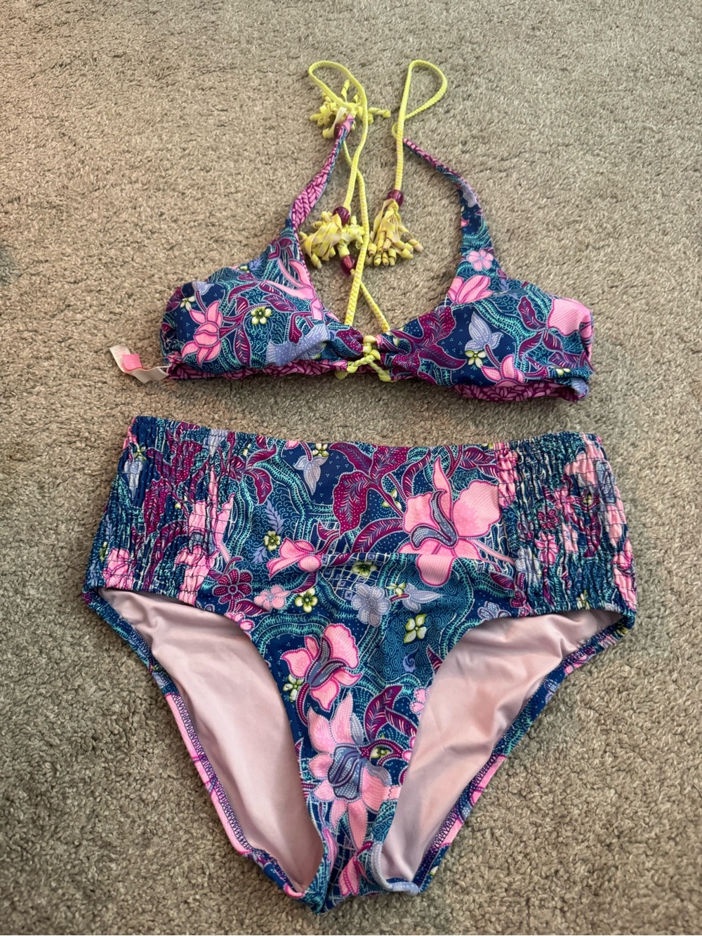 Victoria's Secret Floral Bikini Set - Pink & Navy with Yellow Tie Bali